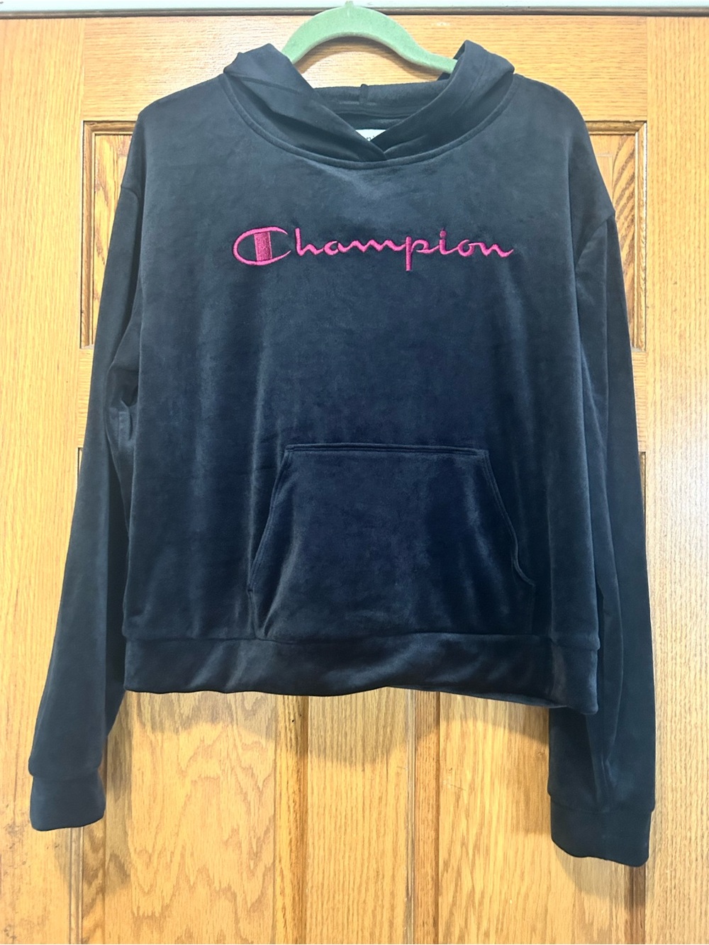Champion Women's Black Velour Hoodie with Pink Logo
